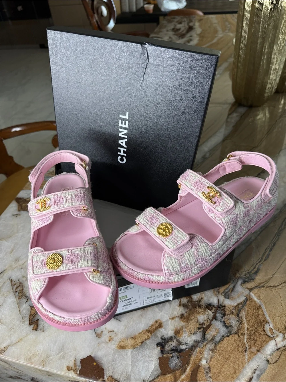 CHANEL Pink Tweed Women’s Sandals with Gold CC Buttons.